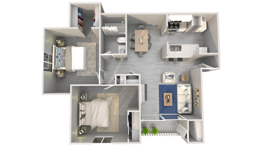 a 3d rendering of a two bedroom apartment at The 3001 Crystal Springs